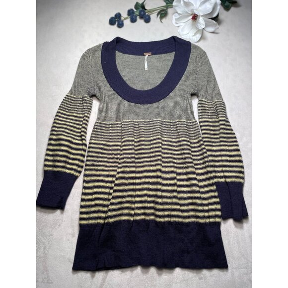 Free People Wool Striped Knit Sweater Dress Preppy Y2K Empire Ballon Sleeves - Picture 1 of 11